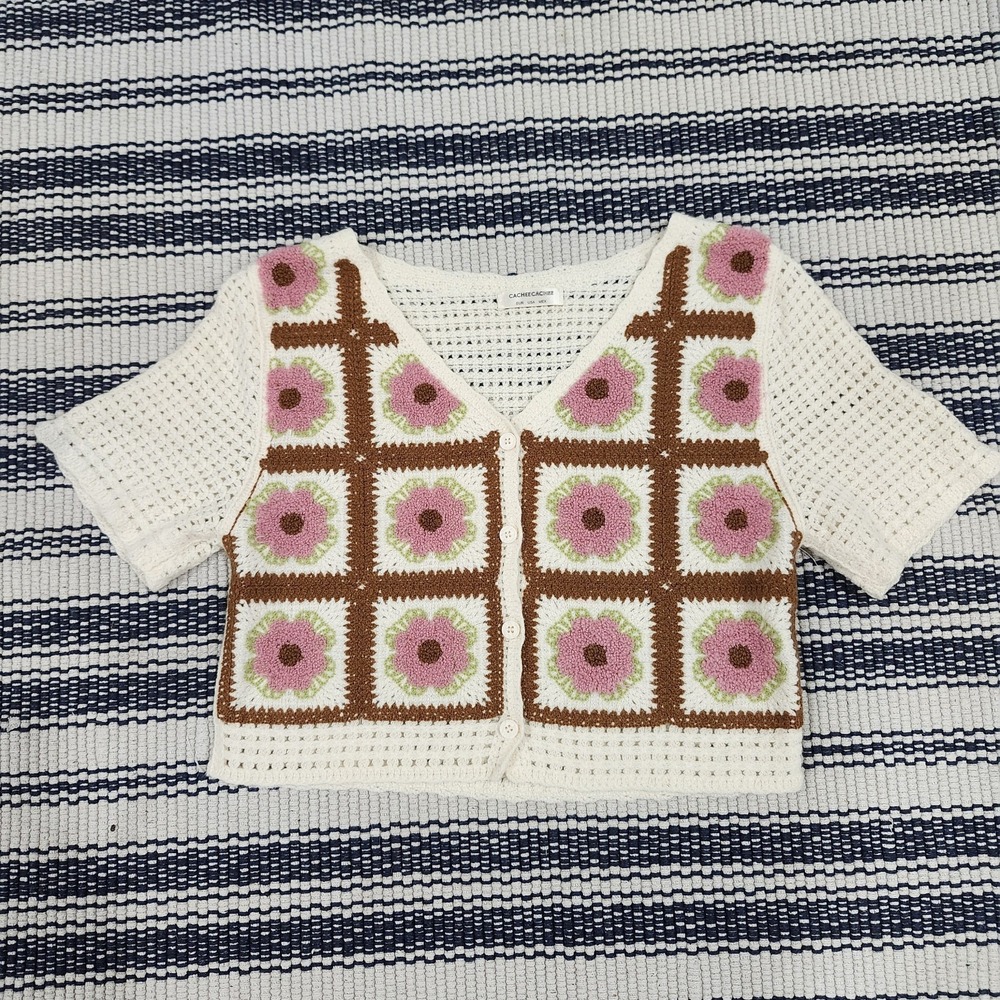 Cachee Cachee Crochet Cardigan Sweater Floral Granny Square Crop‎ Boho...